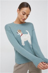 Intarsia Knit Jack Russell Terrier Crew Neck Long Drop Shoulder Sleeve Cotton Statement Sweater