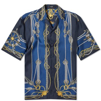 Versace Men's Nautical Print Silk Vacation Shirt Blue/Gold 1003926-1A09762-5U170